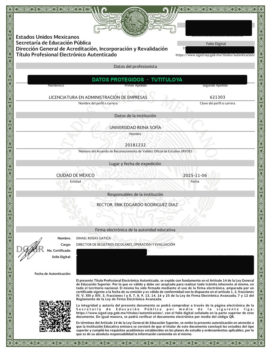 Título Profesional Electrónico Autenticado real emitido, con datos personales protegidos